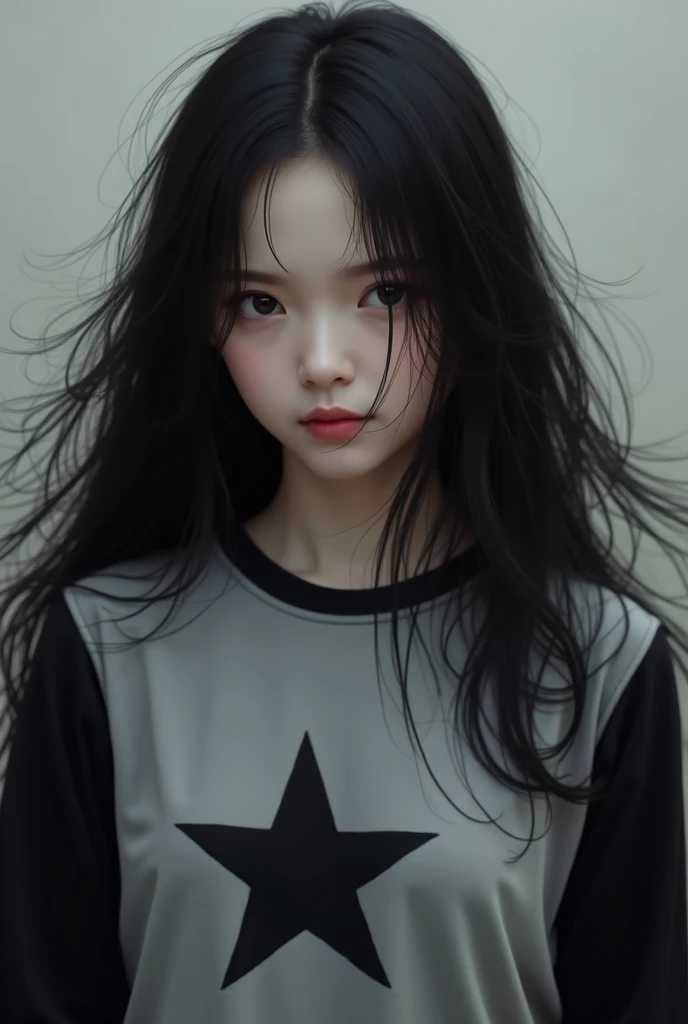 Girl with long black hair, gray shirt and black sleeves and a black star