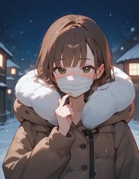 1 girl, winter padding coat, nude, brown hair, surgical mask under chin, blushing, black eyes, night,