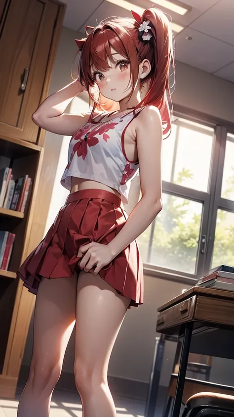 (suzu), ore no imouto ga konna ni kawaii wake ga nai, 25-yers-old girl with crimson red hair- pulled up into twin ponytails, wearing a floral crop top and mini skirt, library background,  standing with one hand on her hip, the other arm hanging loosely or ...