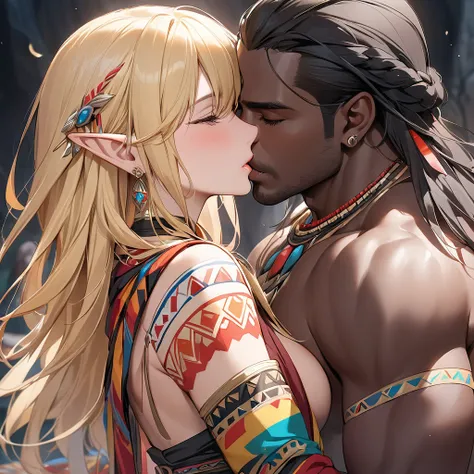 ((Best Quality)), ((masterpiece)), (detailed), （Perfect Face）、The high elf woman is Seras Ashlain, a blonde, medium-length-haired high elf wearing a colorful tribal costume of the black tribe, gorgeous jewelry accessories, and an engagement ring.、A woman i...