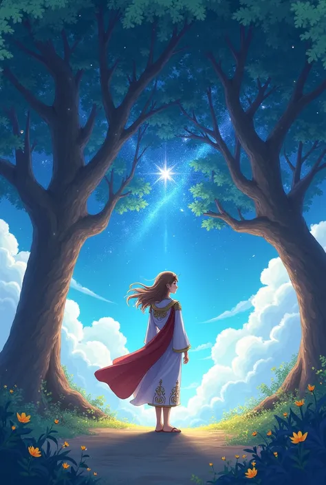 Under the dream tree that leads to a beautiful starry sky、The prince stands。Hair is brown。Fluttering in the wind。Fantastic beauty。
Villager clothing、But it is very elegant and dignified.。
Anime Style。