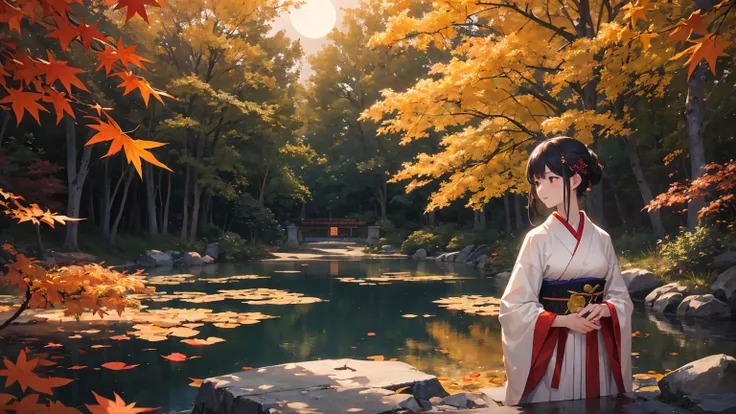 "It depicts an enchanting evening scene depicting a tranquil pond bathed in the hues of fiery autumn foliage.。.。. As for composition、The prominent features of the maple leaves and the nearby majestic maple trees should be highlighted, Young Japanese Woman,...