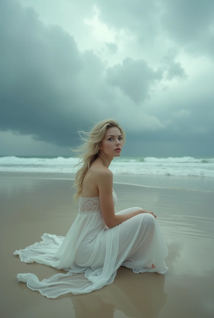 Woman in a white dress sitting on the beach, ((stormy skies)) ethereal image, Brooke Shaden detailed, inhaled by Brooke Shaden, Miss Aniela, por Brooke Shaden, surreal beach photography, ethereal beauty, Aenami Alena, Photograph by Alexey Gurylev , by Kurt...