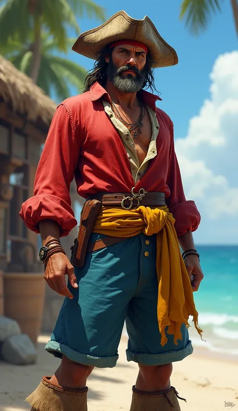 A pirate wearing a straw hat, a red shirt, blue shorts, a yellow sash, and looking slightly intimidating.