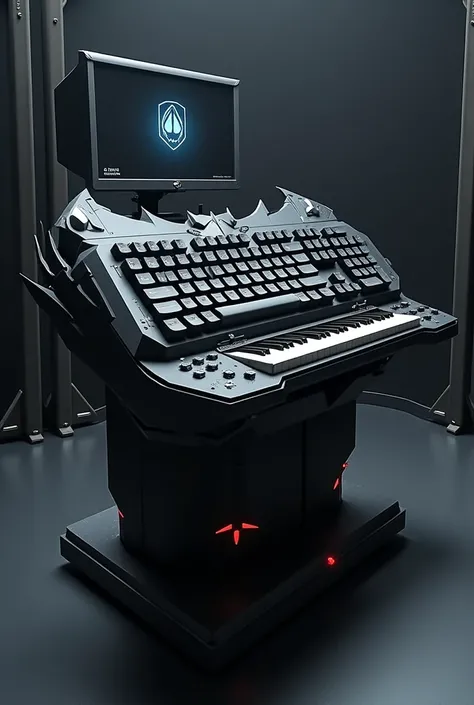 Long Batman-style keyboard on arcade pedestal with teleprompter-style monitor 