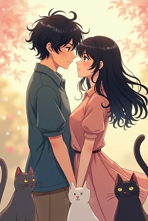 Boy with long black hair and defined curls, He is with his girlfriend, a girl with short black hair and bangs and two long locks in the front, They are next to, one grey cat and one white cat. anime style
