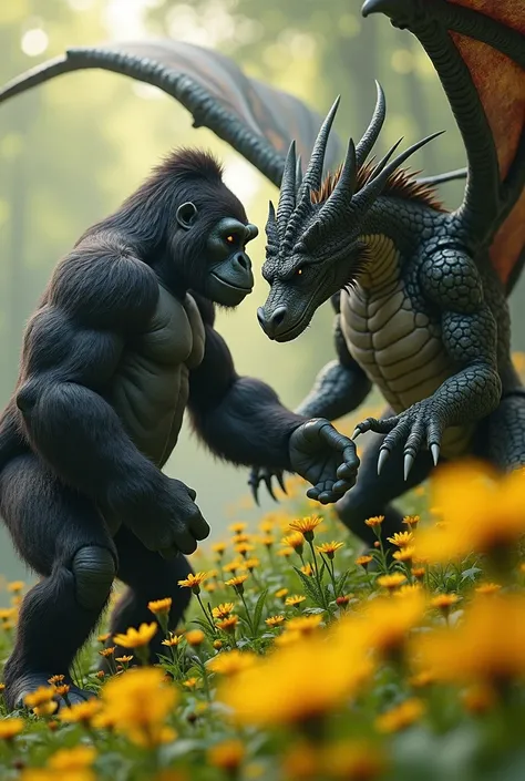 A gorilla and dragon together With yellow flowers 