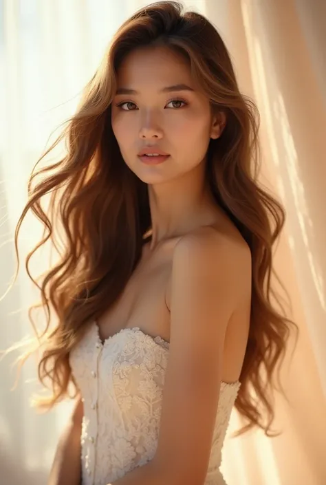 Beautiful girl with long hair, posing for a skin cream magazine
