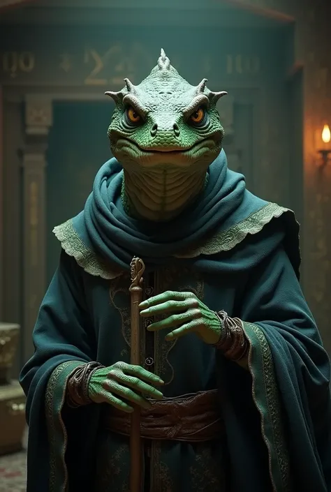 A 150 year old reptilian wizard with a defined jaw 