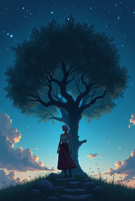 Under the shining starry sky、Under the Dream Tree。A woman with short beautiful hair is dressed in men&#39;s clothing。
Age。Anime Style。Sunburned Skin。Although she is a beautiful woman、Looks like a bold。
European Middle Ages。