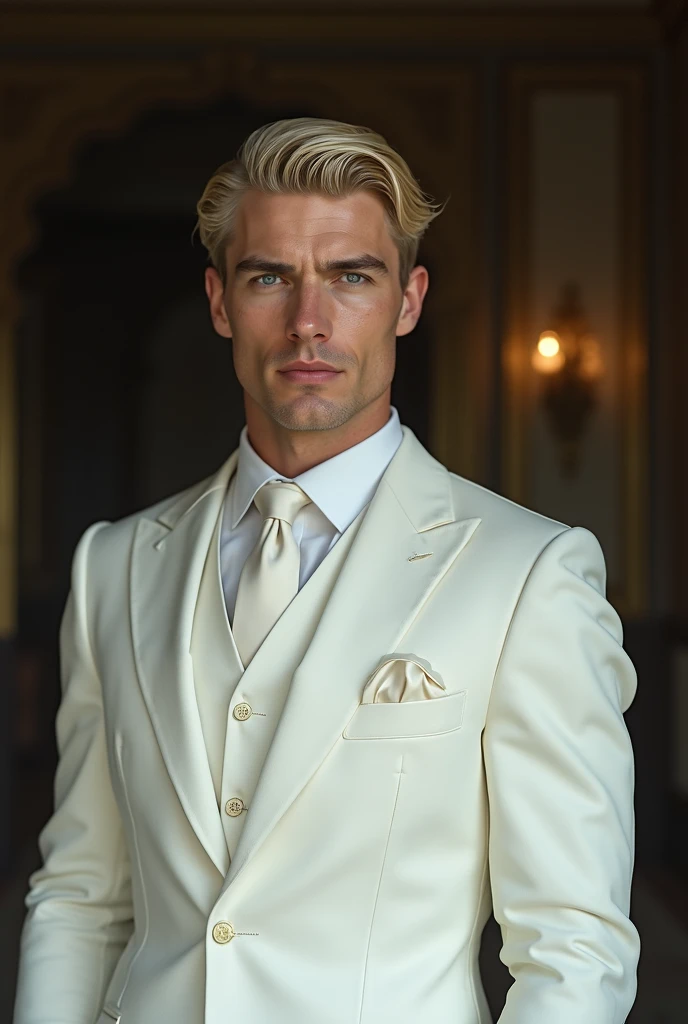 White-skinned man with blond hair and blue eyes. Strong jaw, straight, thin nose, thick, arched eyebrows. He has an athletic physique and is wearing a white suit. Cinematic, realistic, beautiful details, 8k, film filter, clear image. 1920s