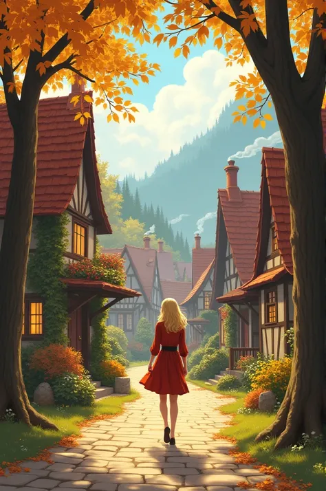 A blonde walking alone in a village surrounded by trees and houses with people laughing and happy with fireplaces and cider in their windows 