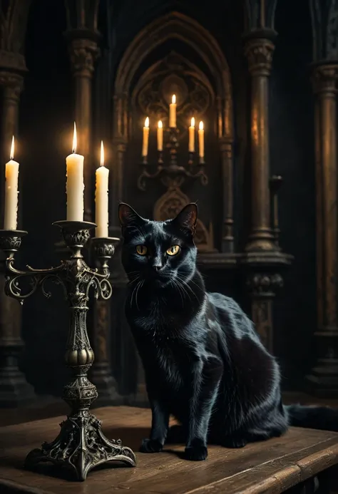 a black cat witch staring intensely at a flickering candle, ornate gothic candelabra,occult ritual chamber, dark moody lighting, dramatic shadows, sinister atmosphere, intricate gothic architecture, (best quality,8k,highres,masterpiece:1.2),ultra-detailed,...