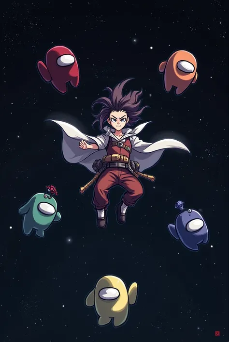 Sanemi from kimetsu no yaiba floating in space with among us and an impostor