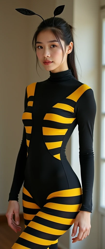 A beautiful,thin and pretty three asian chinese woman girls wear shinest black bee with many yellow stripes lycra dancewear long sleeved turtleneck unitard catsuit.They perform around the home!She wears shinest black dancewear lycra elastane lycra swimming...