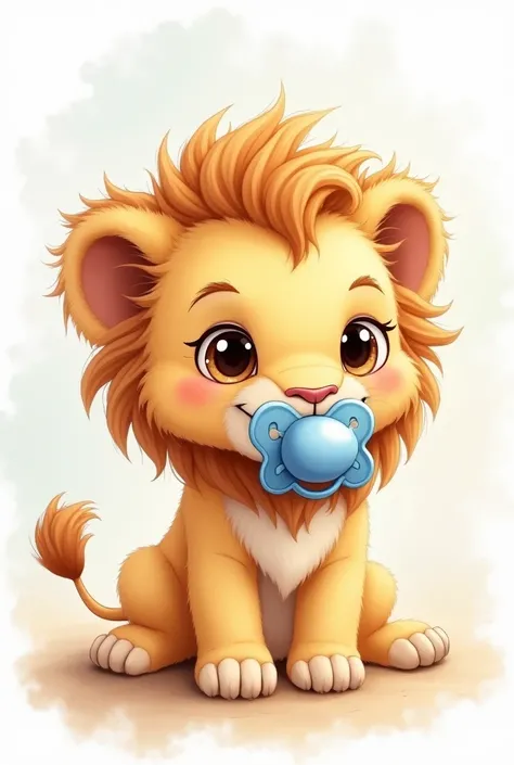 cute baby lion, with a mane, with small blue pacifier, watercolor effect, bottomless