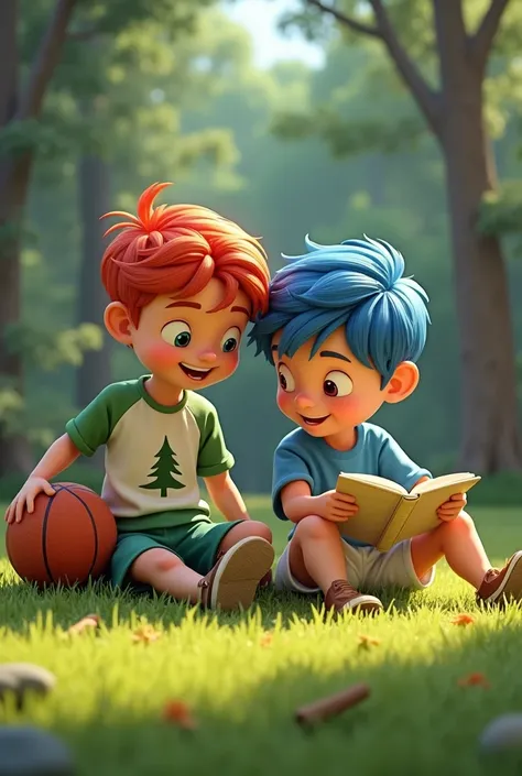 A 3D Disney-style book cover of a summer camp with two boys lying on the grass, a 1 red-haired boy wearing a green and white shirt with a small pine tree on the left side of the shirt and green shorts with a basketball, and a blue-haired boy wearing a blue...