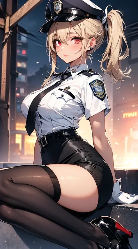 (((Perfect Anatomy, Ultra-detailed skin))), 1 girl, Japanese, Police Girl, Shiny skin, Large Breasts:0.5, Beautiful Hair, Beautiful Face, Beautiful fine details, (Long Hair:1.5, Side Ponytail:1.7), Blonde, bangs, Hair between the eyes, Red eyes, 
Beautiful...