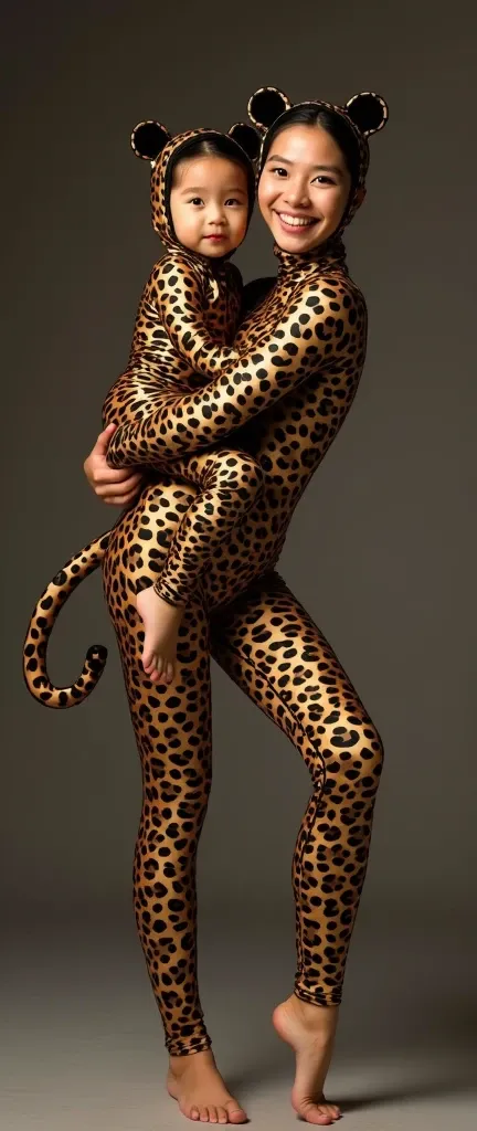 a most beautiful and the most prettiest fourty one years old asian adult woman with beautiful happy cheeks wears shiny leopard print lycra long sleeved turtleneck unitard catsuit covered with black stripes with a tail.She always wear shiny golden leopard p...