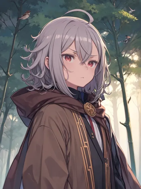 masterpiece, 1 person, Sparrow, Silver-haired man, Wearing villager clothes, Curly medium hair, My hair is messy, Slim body, Wearing a brown cape, He closed her left eye., Shirt decoration, Serious expression, Red eyes, Standing in the forest, Ahoge, Adult...