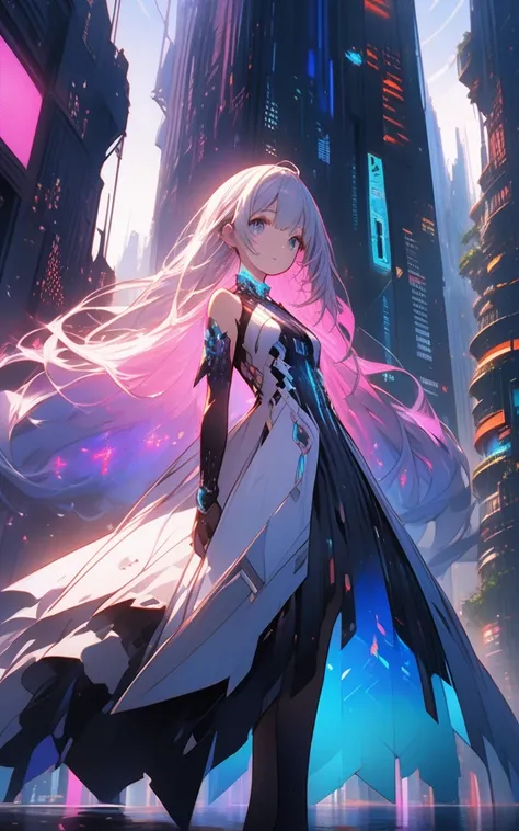 「Light and Shadow of the Future City」
prompt: "Hyper-detailed nano-textured girl in 8K resolution, wearing a delicate glowing collar while walking through a futuristic city. The scene features towering skyscrapers interwoven with bioluminescent plants, and...