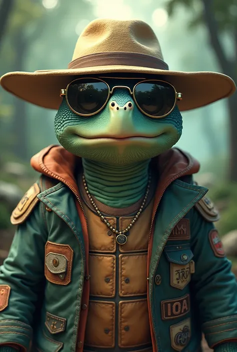 analog photo,photoart_style,realistic,film grain,4k,a cartoon style sea turtle with aviator sunglasses and hat, wearing an old world jacket that has patches on it, the words In the art style of Ape Out game graphics,volumetric natural light, epic atmospher...