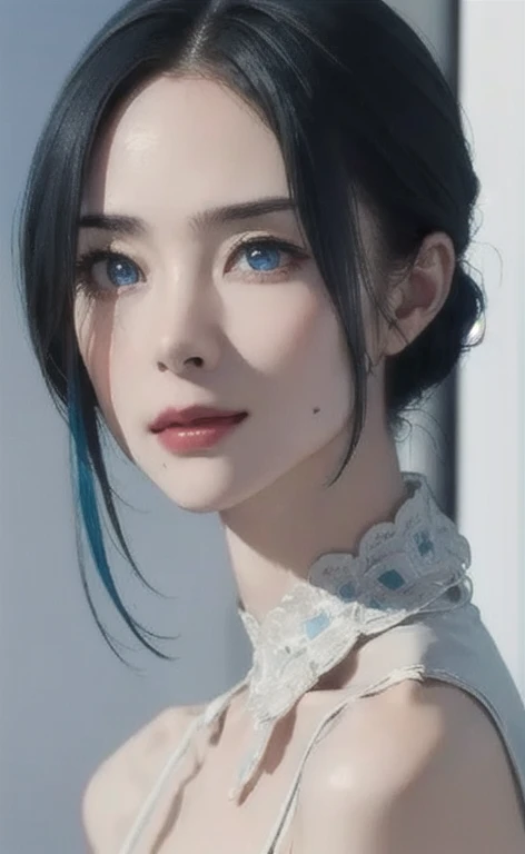 (masterpiece:1.4, Best Quality), (intricate details), unity 8k wallpaper, Very detailed, beautifully、Midea, Perfect lighting, (One person), (Blue Hair, blue eye, Medium Chest),, Dynamic pose, Dynamic Angle,  lipstick, slim, slim body, Medium Chest, , Detai...