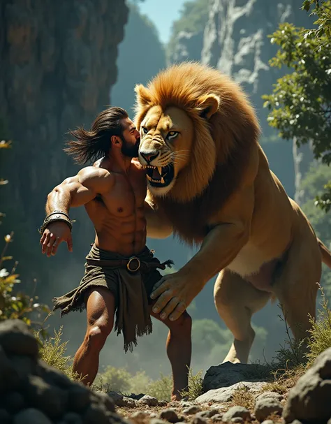 "Hercules, a muscular man with wild hair and wearing a tattered tunic, in ancient Greece, dressed in warrior attire, stands in a dense forest near the Nemean caves, grappling with a massive golden-maned lion, the lions powerful claws and teeth barely missi...