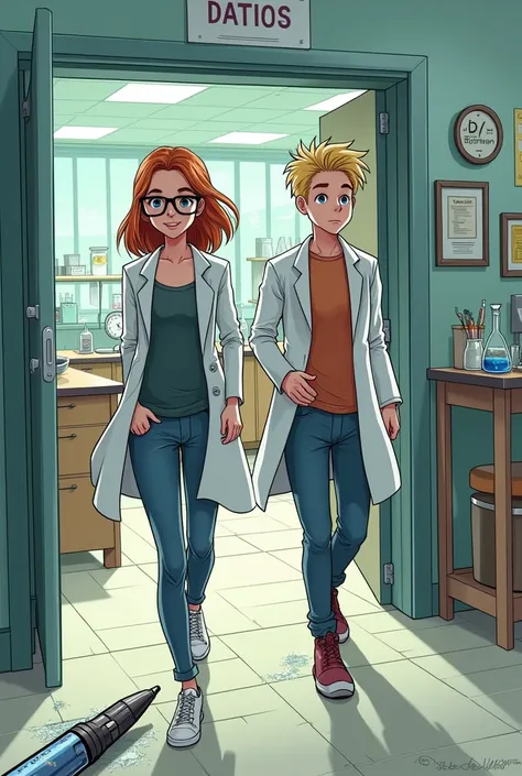 A student with glasses and no lab coat and a student with blond hair and a lab coat leaving a chemistry lab in a line because a solution spilled on a comic book pen. 