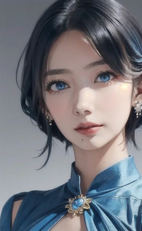 (masterpiece:1.4, Best Quality), (intricate details), unity 8k wallpaper, Very detailed, beautifully、Midea, Perfect lighting, (One person), (Blue Hair, blue eye, Medium Chest),, Dynamic pose, Dynamic Angle,  lipstick, slim, slim body, Medium Chest, , Detai...