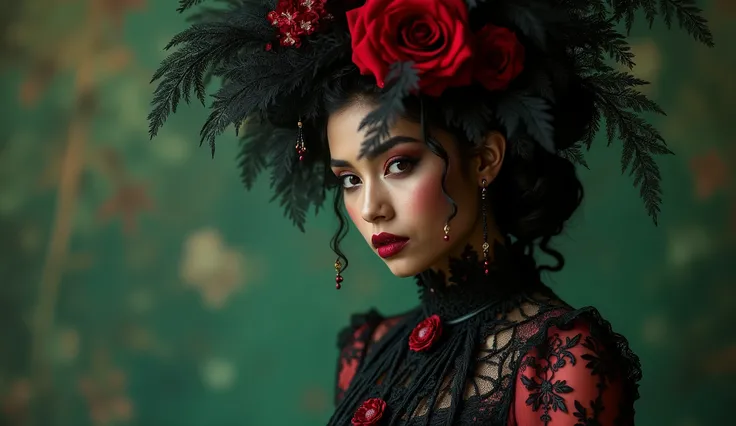 Bangladesh as a bengali Goth model in dark green and red colors. intricated brocado and lace costume. Victorian Goth scene