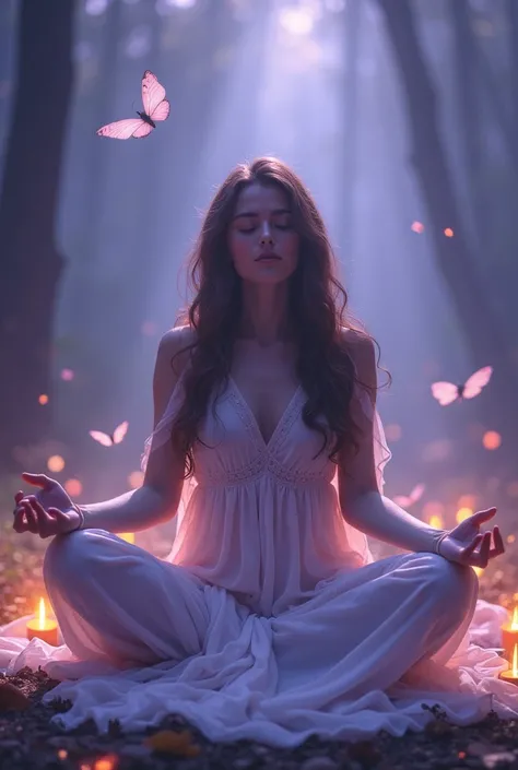 This image portrays a serene, dreamlike scene where a young woman is seated cross-legged, immersed in a moment of deep meditation or reflection. She wears a flowing, soft-colored dress that drapes gently over her body. Her long, wavy hair cascades over her...