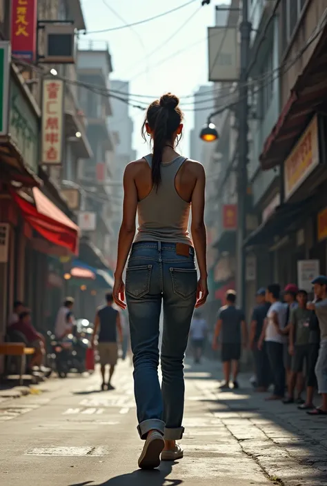 crn0v7le878c73a00it0 walking down the street from behind , dressed in jeans and tank top 