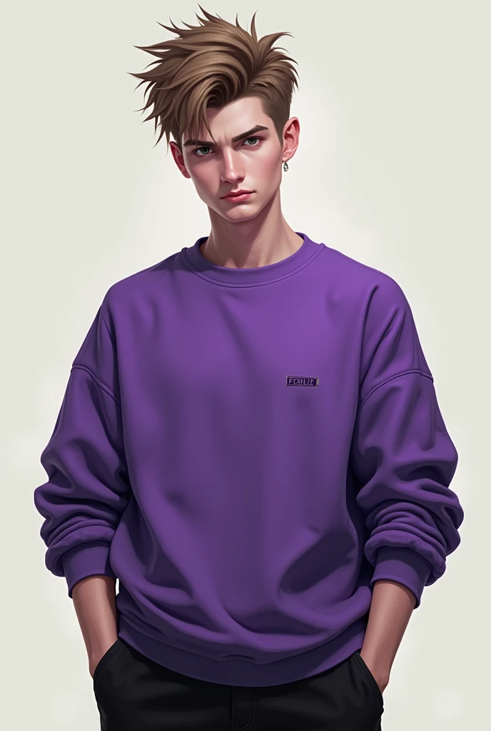 man, white skin, dark eyes, spiky light brown hair, Purple sweatshirt, elbow length sleeves, black pants