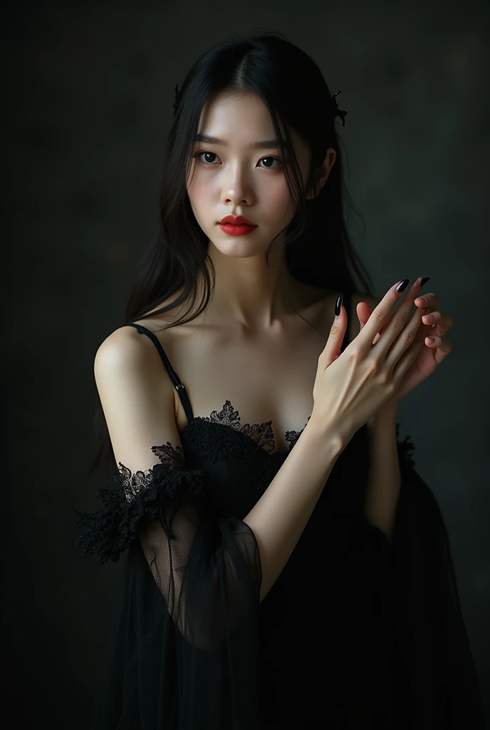 a woman in black dress posing for a photo, gorgeous young korean woman, natural hands and arms, elegant slim beige shirt, with fingers, only dark colors, lace dress, red lipstick, size 1 7 8, mixed -woman purebred, symmetrical hands, goddess shot, black ea...