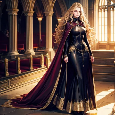 Dark Souls, Dim Light, Old Church, Mature Woman, slim, Tall, Long blonde curly hair, Long black cape, Red leotard with long skirt, Long skirt with diamonds, Gold bracelet, 8k, Official Style, European aristocracy, 