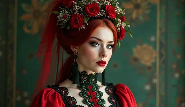 Belarus as a soviet Goth model in red, green and white. intricated brocado and lace costume. Victorian Goth scene