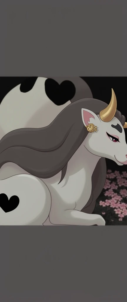 A tall furry cow goddess , voluptuous body with big hips and huge bust , It is completely white fur with black spots on the body., but with long hair with some small braids, One of its black spots is a heart, and wears gold accessories, She also has earrin...