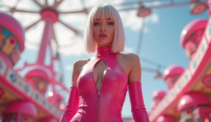 A japanese pop idol girl with platinum blonde bob hair and (black eye) woman standing confidently in an elegant, pink Leather modern sexy leotard, (cameltoe), open leg, big sole sneakers, captured from head to toe. She stands with one foot slightly forward...