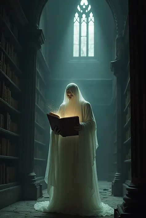 Ghost of the Savannah reading an old brown book in an abandoned gothic library at night