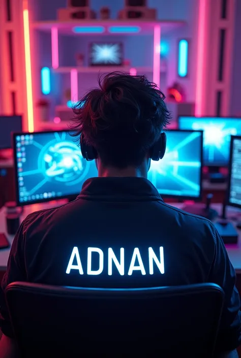 A  men with hair in a gaming room with amazing setup wearing a jacket having written ADNAN in capital fonts with neon lights on its back , picture from back side.