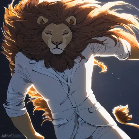 Art of a lion fursona, in Mane hairstyle, wearing a white suit, model pose, stopped, wind, with eyes closed, at night in low background lighting.