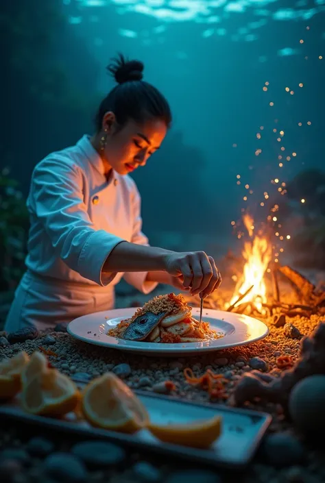 An elegant fish eating delicacy by a campfire at the bottom of the sea
