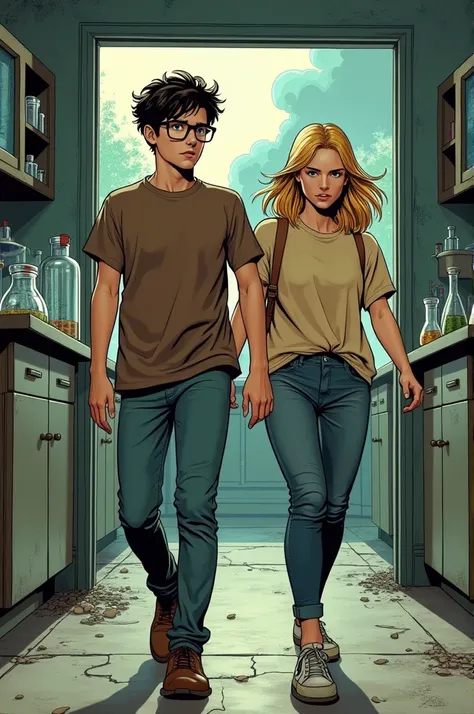 A student with glasses and a brown t-shirt and a student with blond hair walk out of a chemistry lab in a distressed line in a comic book perspective 