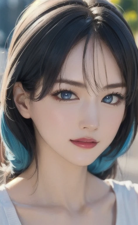 (masterpiece:1.4, Best Quality), (intricate details), unity 8k wallpaper, Very detailed, beautifully、Midea, Perfect lighting, (One person), (Blue Hair, blue eye, Medium Chest),, Dynamic pose, Dynamic Angle,  lipstick, slim, slim body, Medium Chest, , Detai...