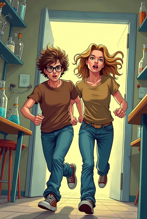 A student with glasses and a brown t-shirt and a student with blond hair run out of a chemistry lab in a comic book perspective 