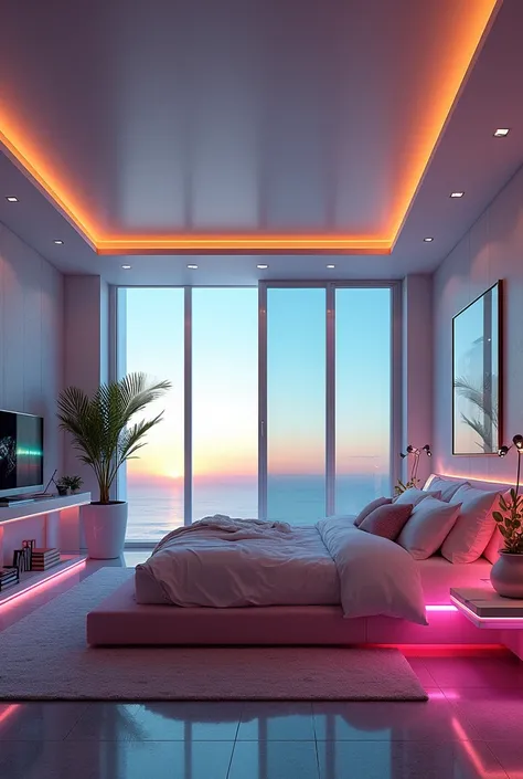 futuristic rich billionaire modern room, futuristic rich billionaire modern LED white lights, futuristic rich billionaire modern bedroom, realistic view, realistic sky, sun reflection, uncommon and unique, realistic shadow, realistic shader, dynamic lighti...