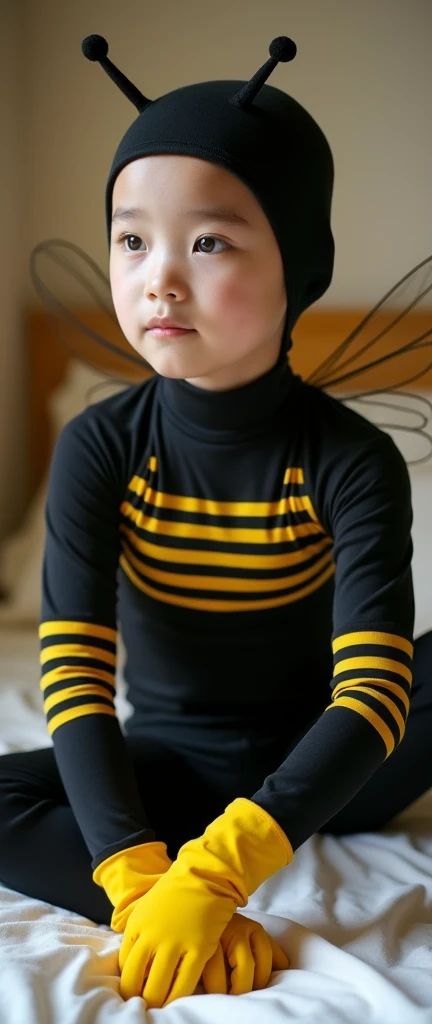 a most beautiful,a most thinest and the most prettiest thirty four years old asian chinese adult boy wears black beautiful bee animal costume lycra long sleeved turtleneck unitard catsuit covered with many yellow stripes with yellow lycra elasticity gloves...