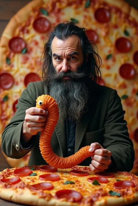 Pizza type image of a man with a black beard using a worm puppet