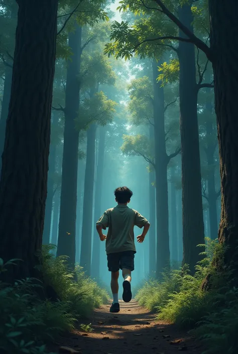 Young man a highschooler on his Crocs an uniform Running through The majestic forest, with its towering trees that stretch towards the sky, forms a stunning backdrop. The trunks are strong and sturdy, their bark rough and weathered, while the leaves above ...